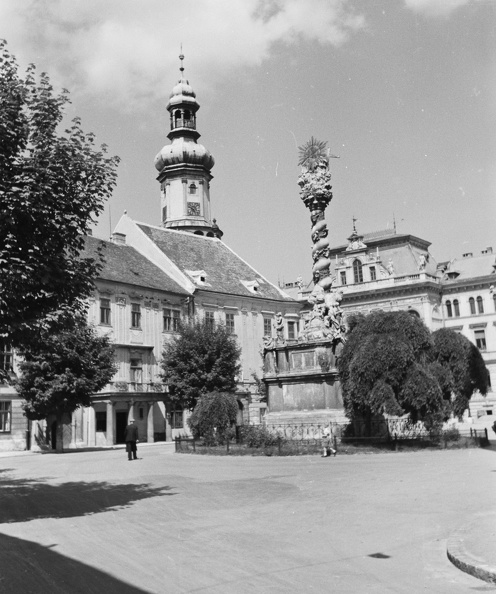 Fő tér, Szentháromság-szobor, háttérben a Tűztorony.