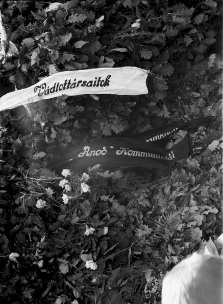 Fiumei úti Nemzeti Sírkert (Kerepesi temető). A megemlékezés koszorúi Rajk László, Pálffy György, Szőnyi Tibor és Szalai András újratemetésekor, 1956. október 6-án.