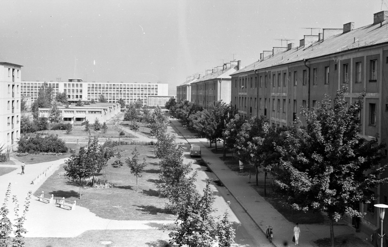 (Sztálinváros), Vörösmarty Mihály utca az Esze Tamás utca felől, háttérben a Ságvári Endre Általános Iskola (ma Hild József Szakközépiskola).
